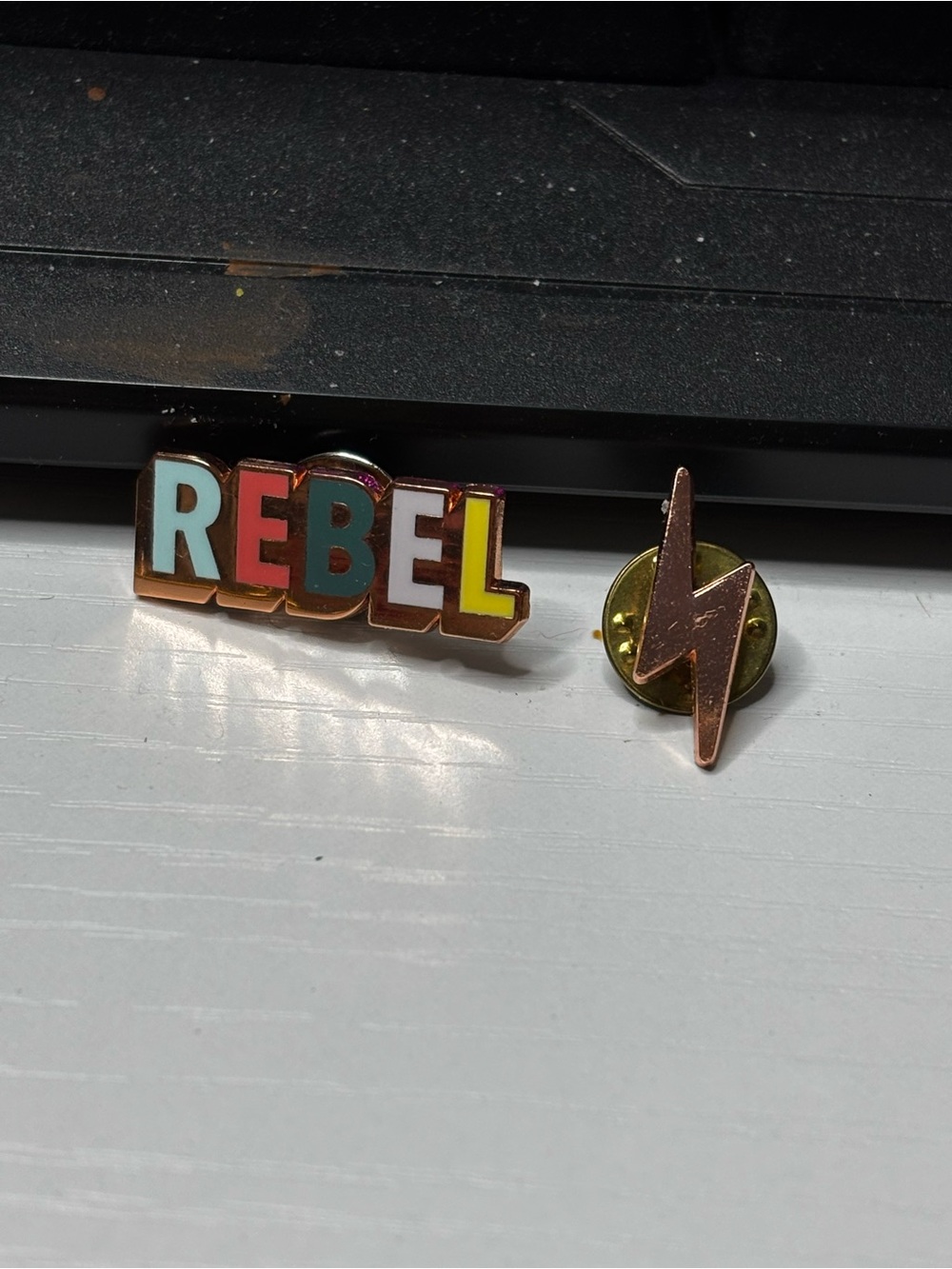 Multicolor REBEL Enamel and Lightning Bolt rose gold pin set